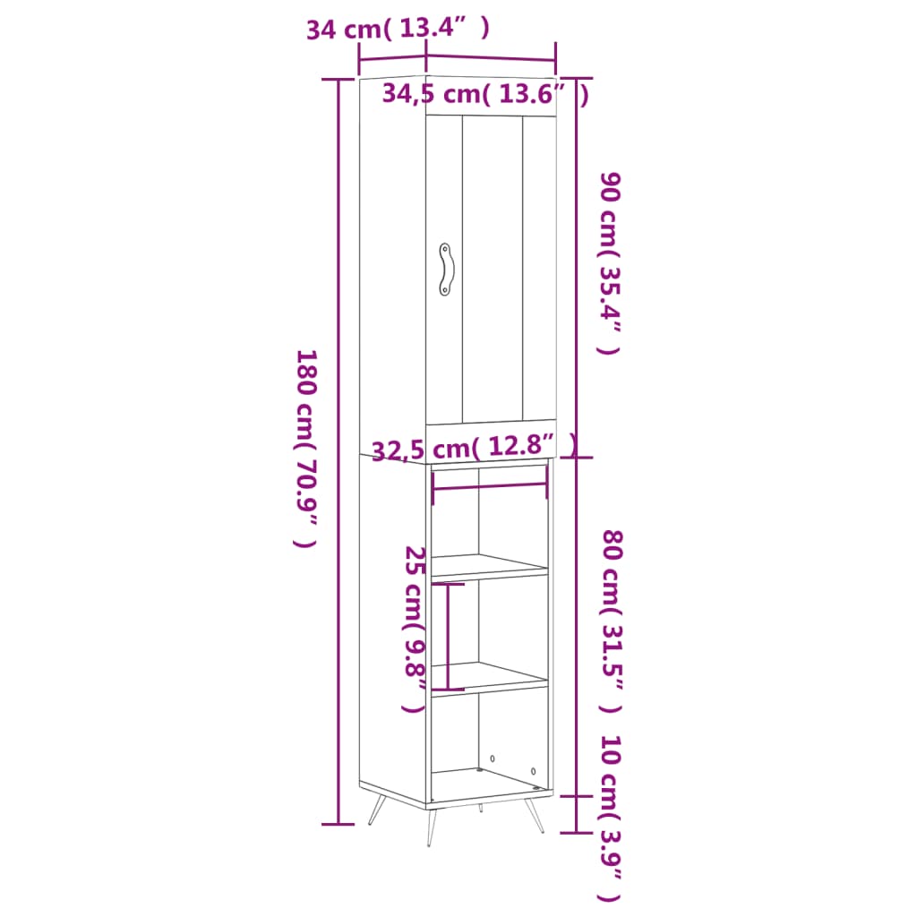 vidaXL Hoge kast 34,5x34x180 cm bewerkt hout hoogglans wit