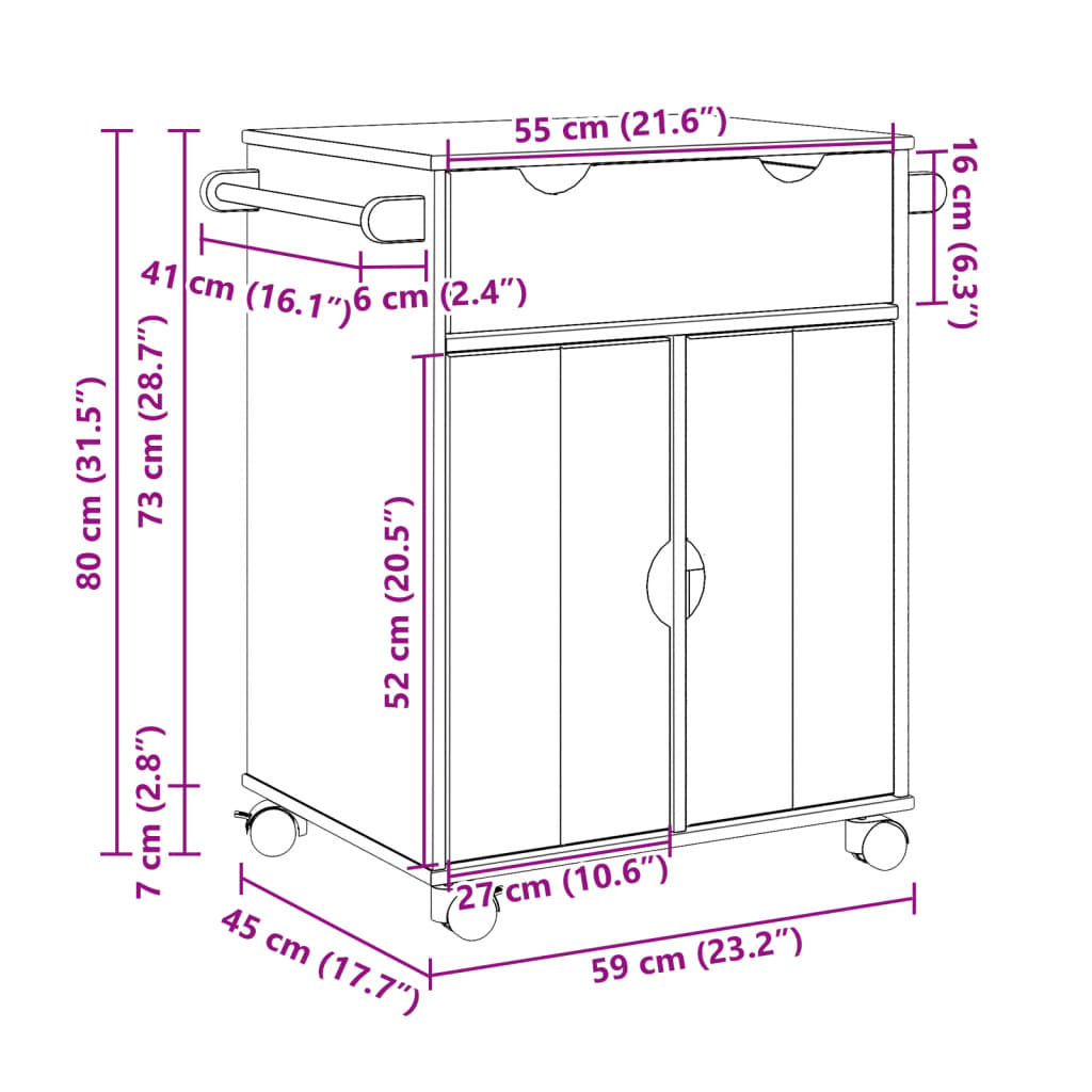 vidaXL Keukentrolley OTTA 59x45x80 cm massief grenenhout