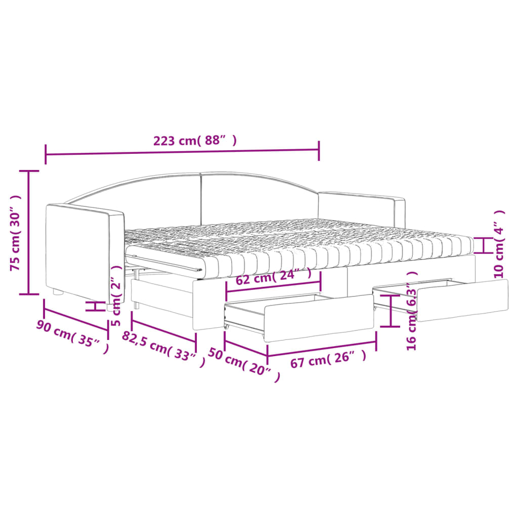 vidaXL Slaapbank met onderschuifbed en lades 80x200 cm stof crèmekleur