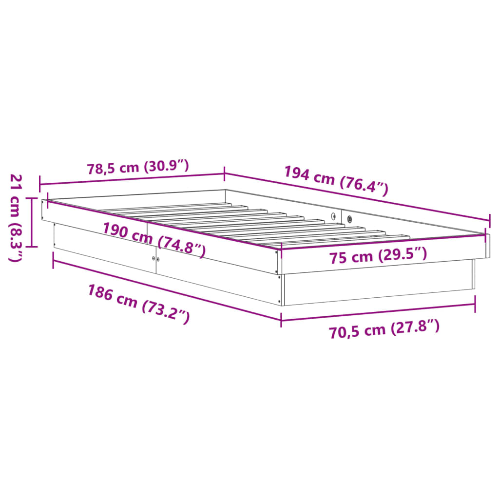 vidaXL Bedframe LED massief grenenhout wasbruin 75x190 cm