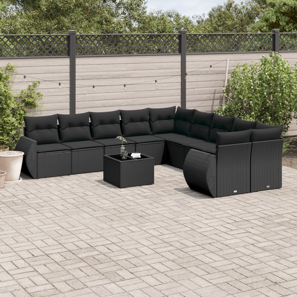 vidaXL 11-delige Loungeset met kussens poly rattan zwart