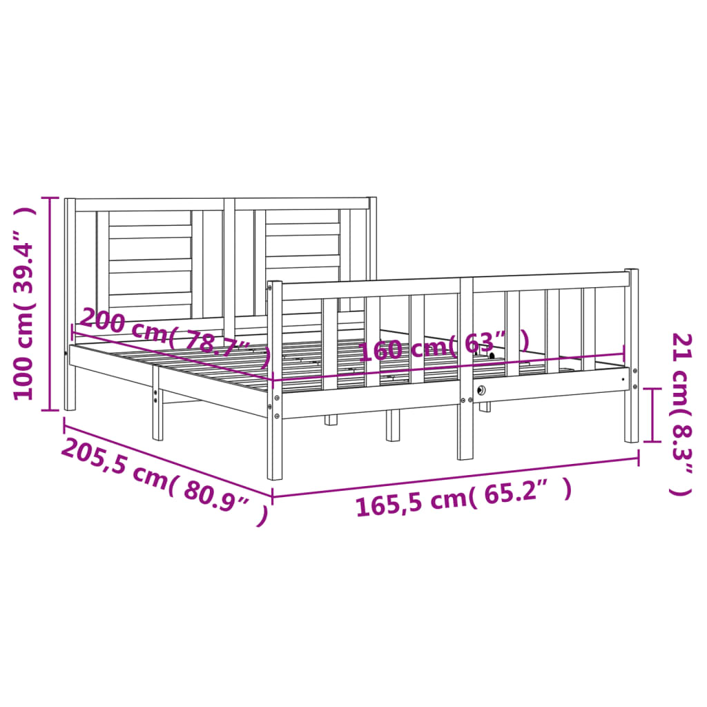 vidaXL Bedframe met hoofdbord massief hout wit 160x200 cm