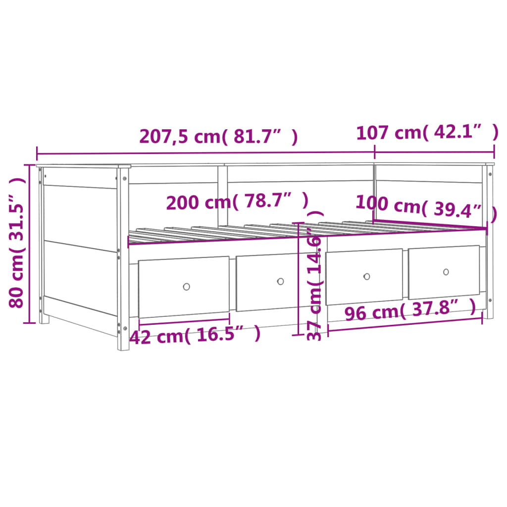 vidaXL Slaapbank 100x200 cm massief grenenhout wasbruin