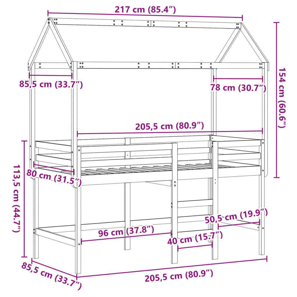 vidaXL Halfhoogslaper met ladder en bedhuis grenenhout wit 80x200 cm