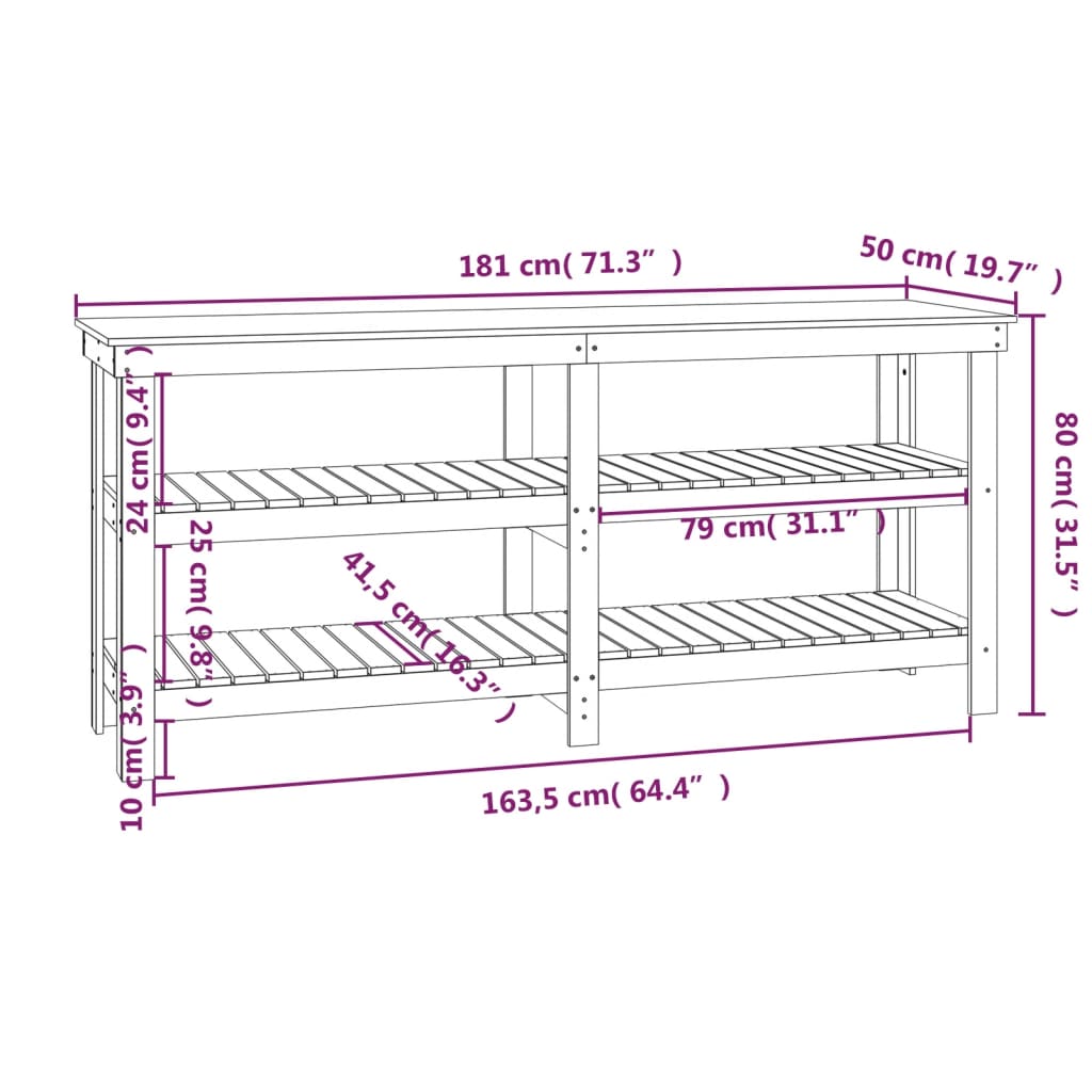 vidaXL Werkbank 181x50x80 cm massief grenenhout wit