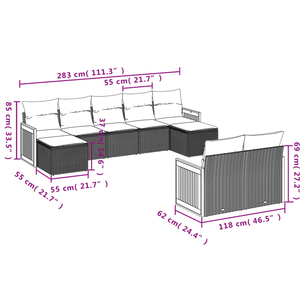 vidaXL 9-delige Loungeset met kussens poly rattan zwart