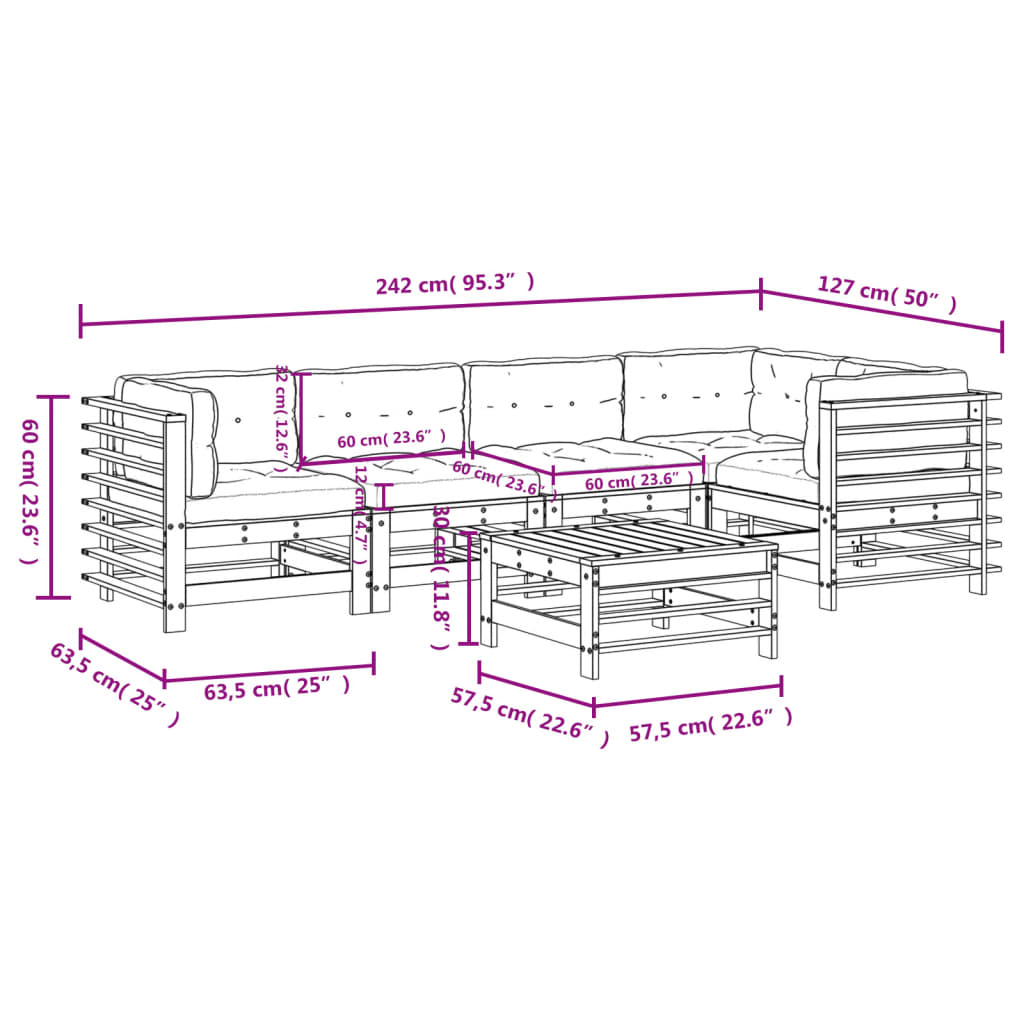 vidaXL 6-delige Loungeset met kussens massief hout