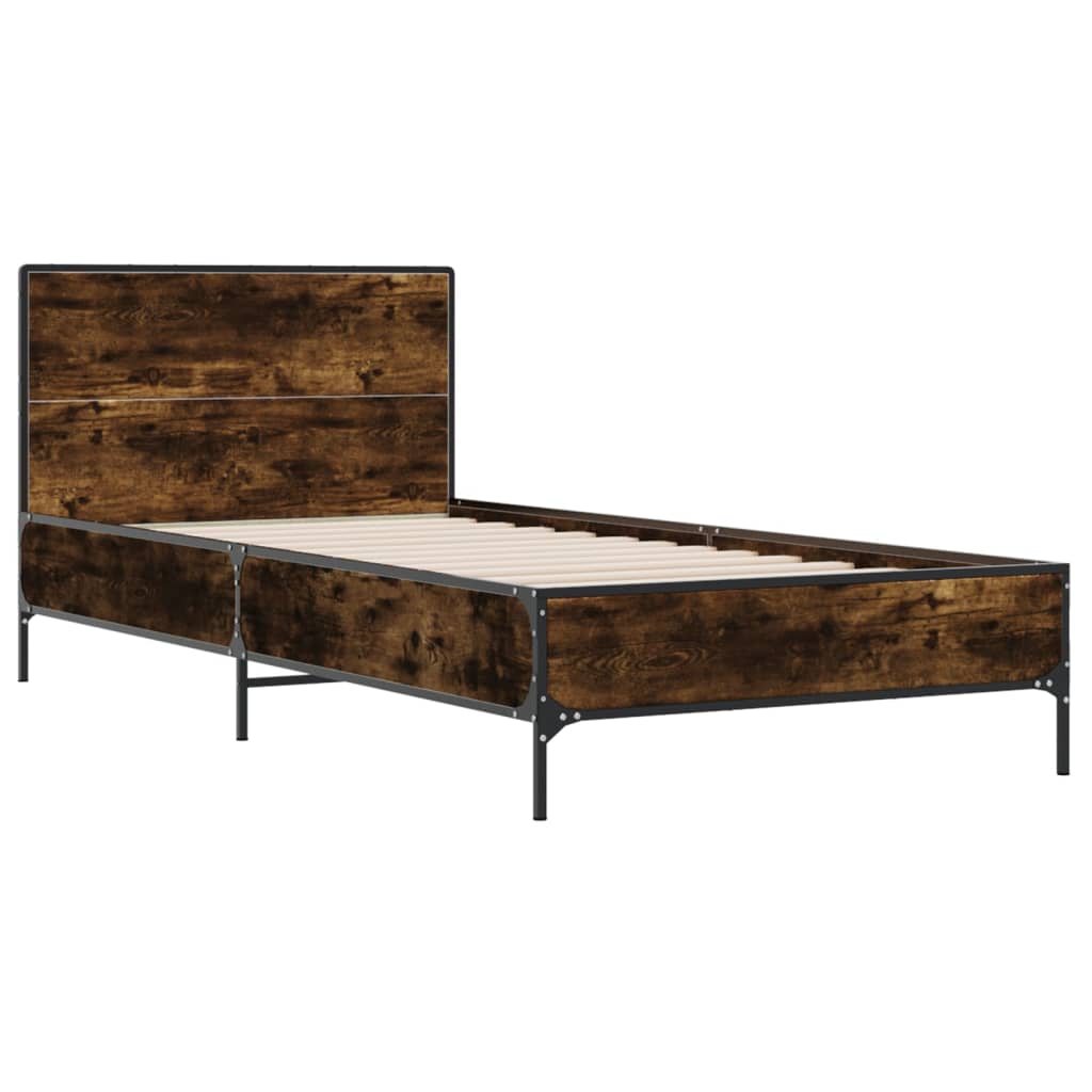 vidaXL Bedframe bewerkt hout en metaal gerookt eikenkleurig 90x200 cm