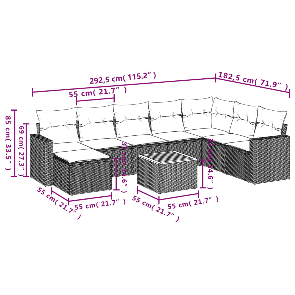 vidaXL 9-delige Loungeset met kussens poly rattan gemengd beige