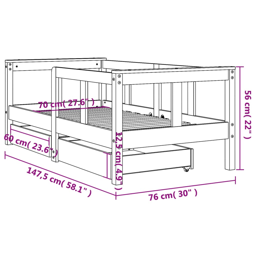 vidaXL Kinderbedframe met lades 70x140 cm massief grenenhout wit