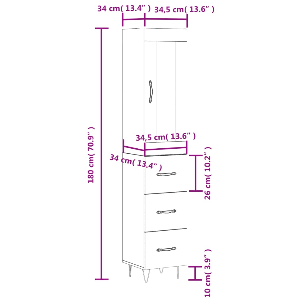 vidaXL Hoge kast 34,5x34x180 cm bewerkt hout hoogglans wit