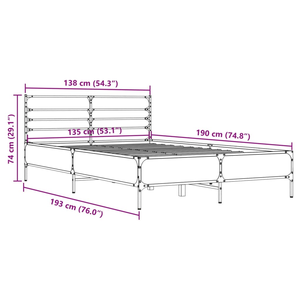 vidaXL Bedframe bewerkt hout metaal sonoma eikenkleurig 135x190 cm