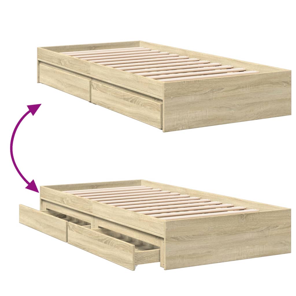 vidaXL Bedframe met lades bewerkt hout sonoma eikenkleurig 75x190 cm