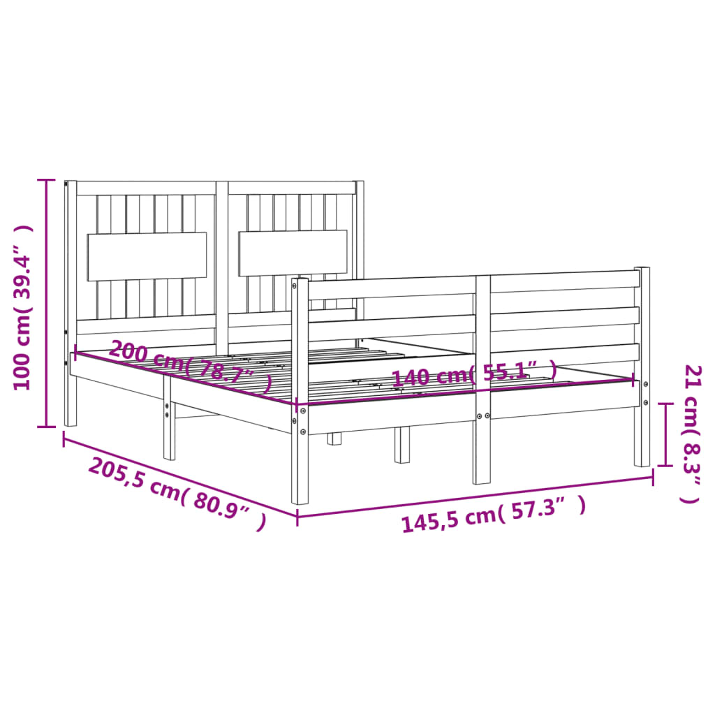 vidaXL Bedframe met hoofdbord massief hout wit 140x200 cm