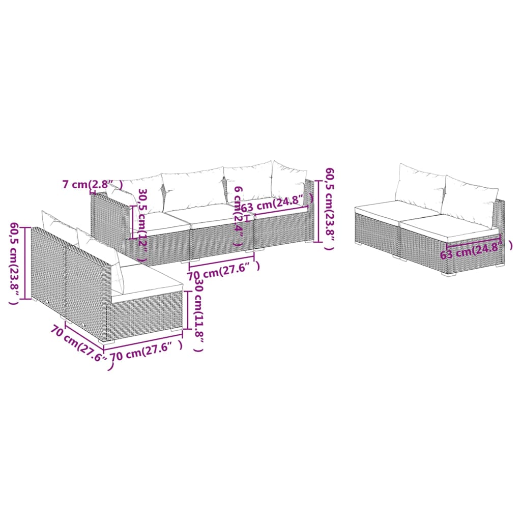 vidaXL 7-delige Loungeset met kussens poly rattan zwart