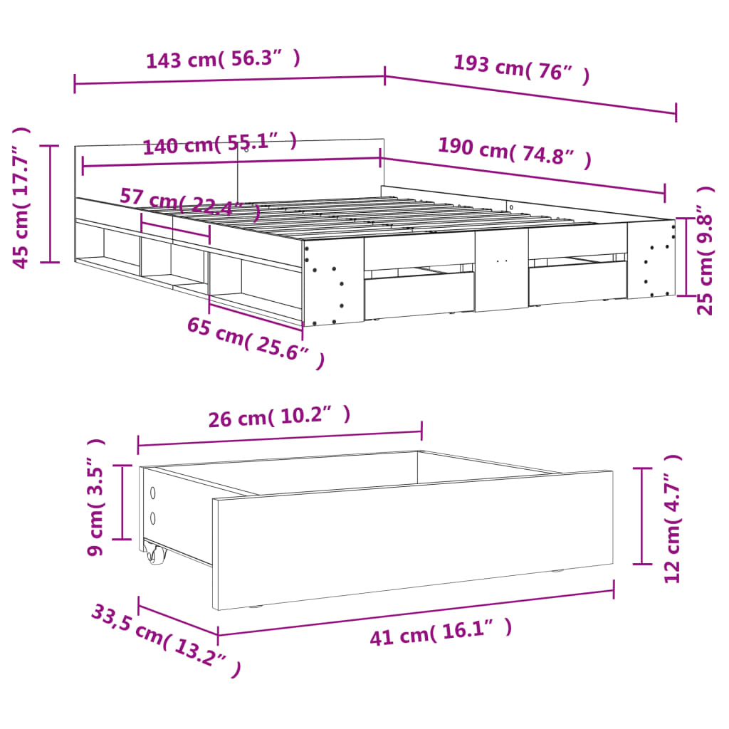 vidaXL Bedframe met lades bewerkt hout sonoma eikenkleurig 140x190 cm