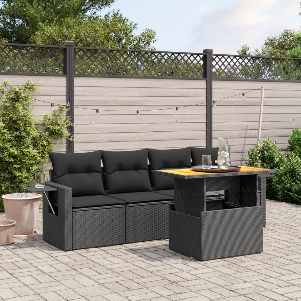 vidaXL 5-delige Loungeset met kussens poly rattan zwart