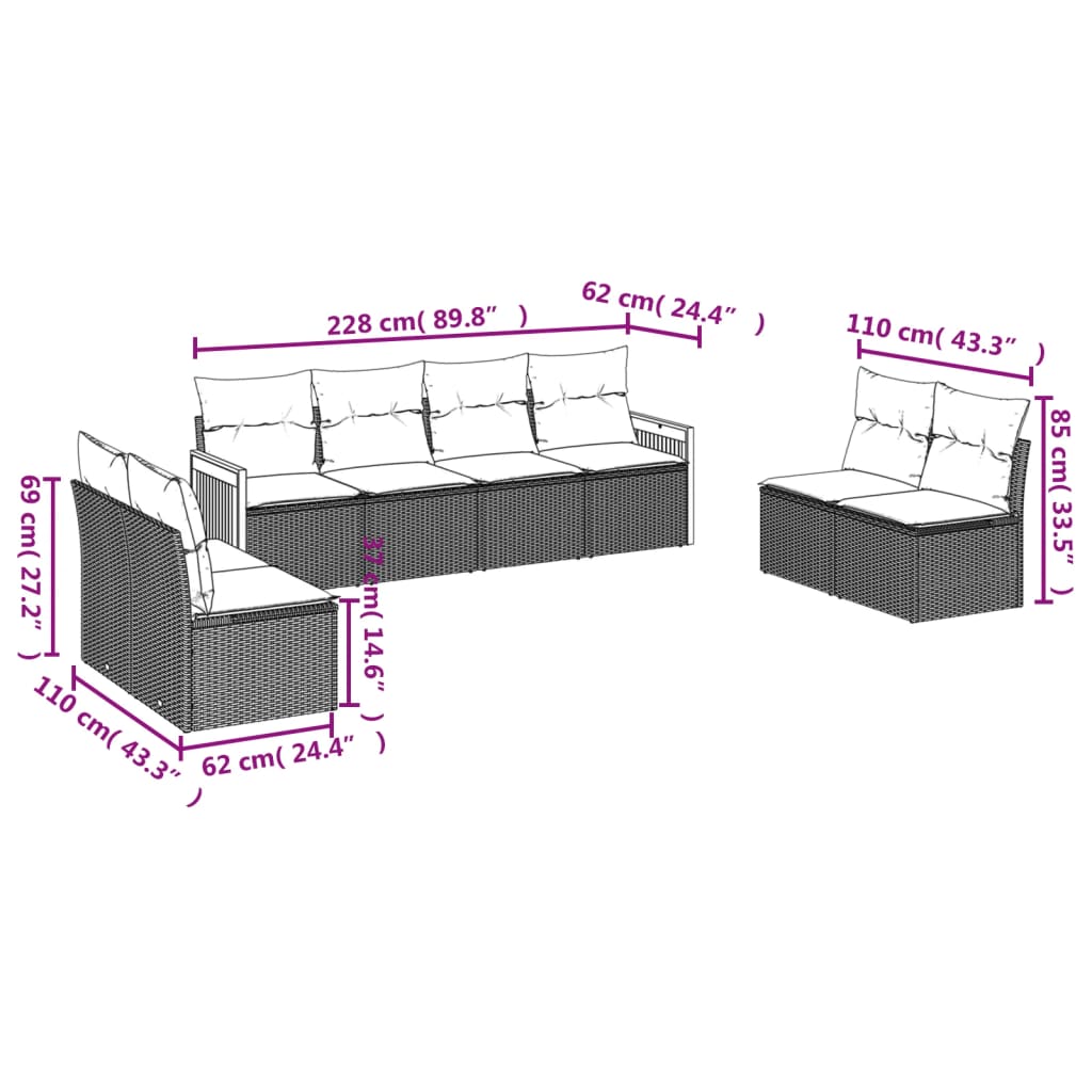 vidaXL 8-delige Loungeset met kussens poly rattan zwart