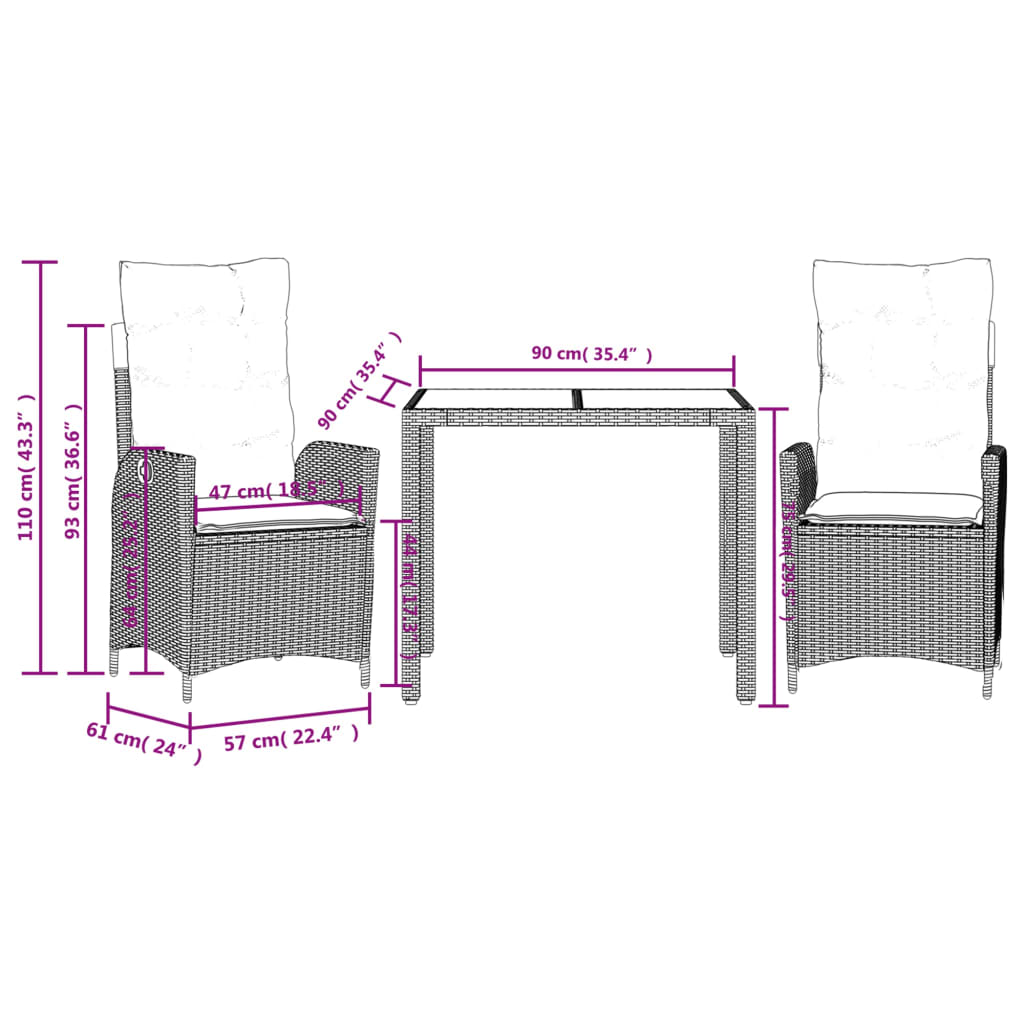 vidaXL 3-delige Tuinset met kussens poly rattan grijs