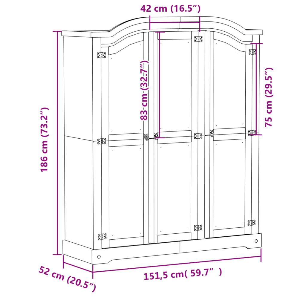 vidaXL Kledingkast Corona wit 151,5x52x186 cm massief grenenhout