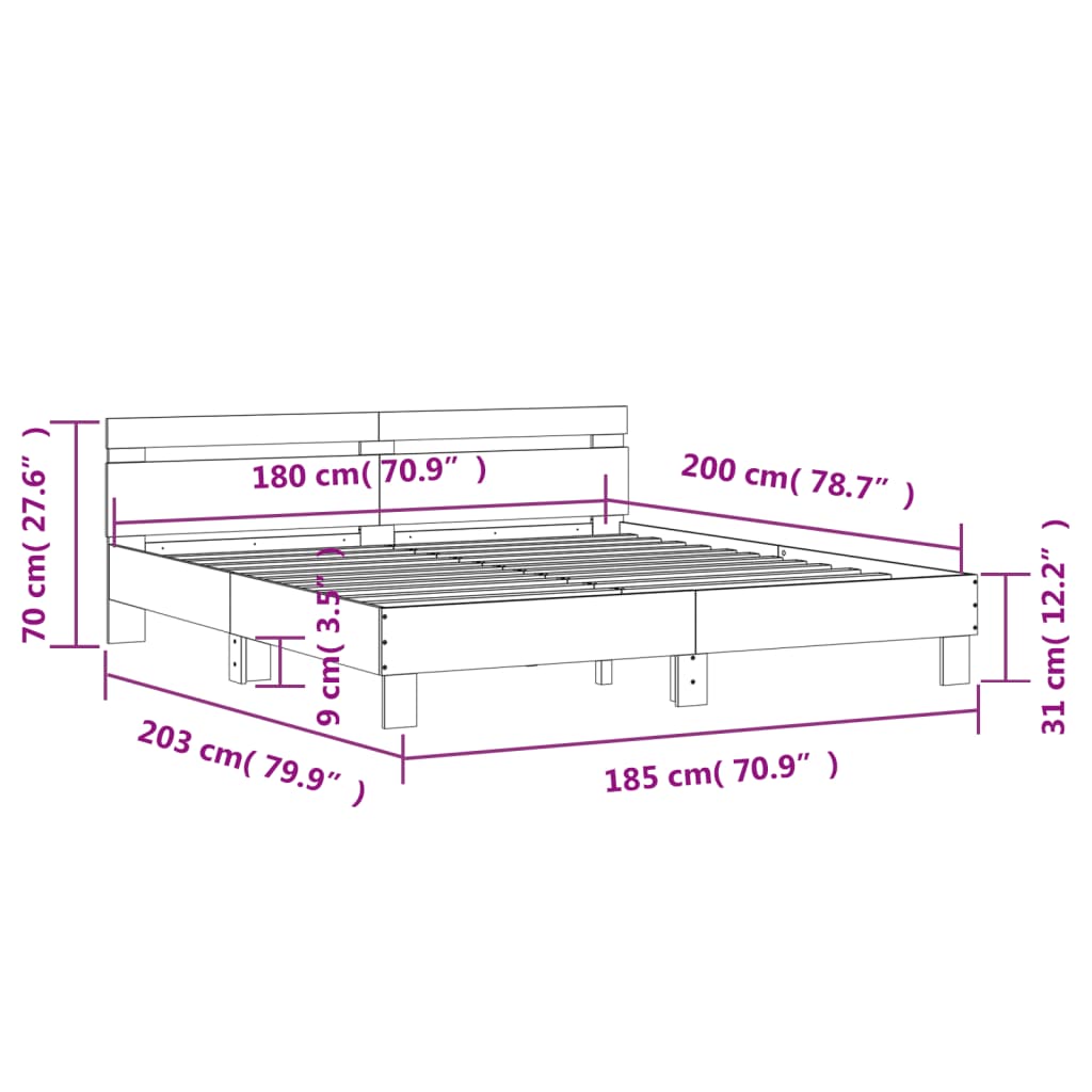 vidaXL Bedframe met hoofdeinde bewerkt hout grijs sonoma 180x200 cm