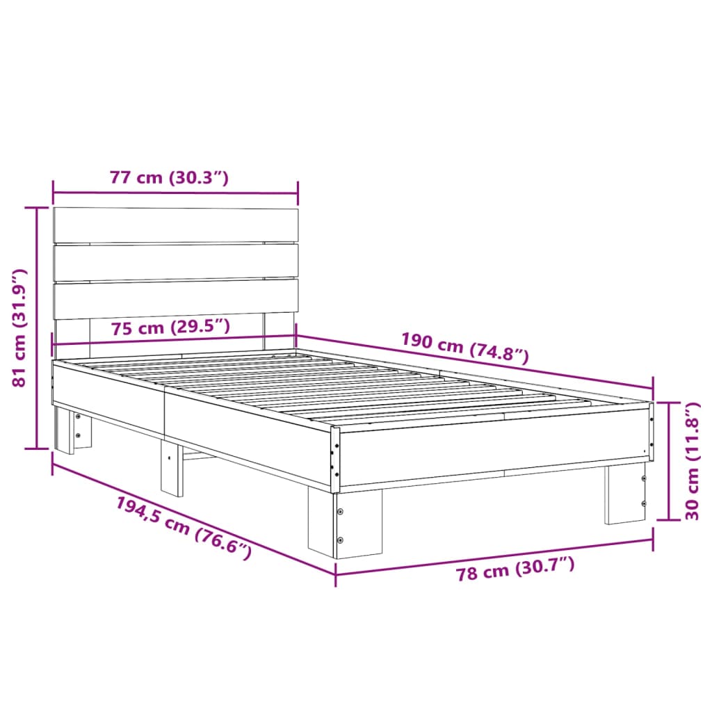 vidaXL Bedframe bewerkt hout en metaal bruin eikenkleurig 75x190 cm