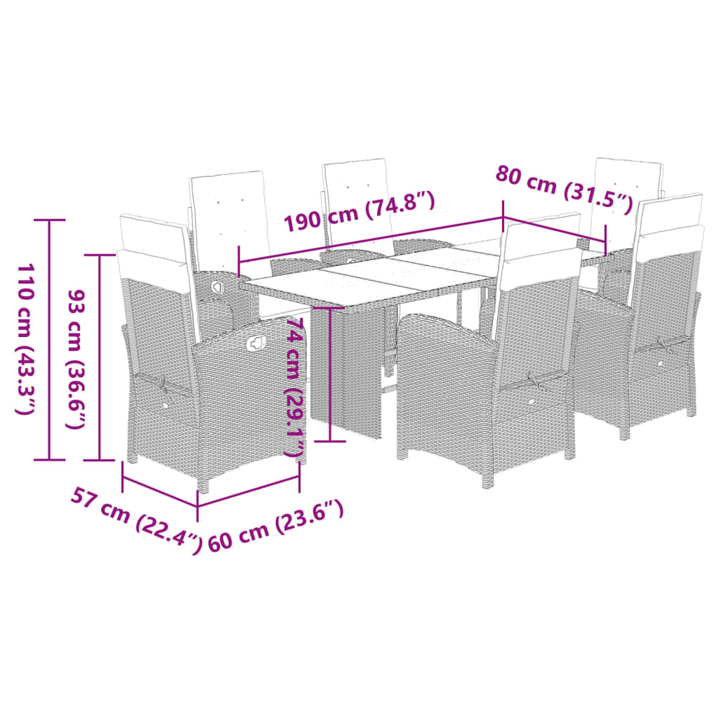 vidaXL 7-delige Tuinset met kussens poly rattan zwart