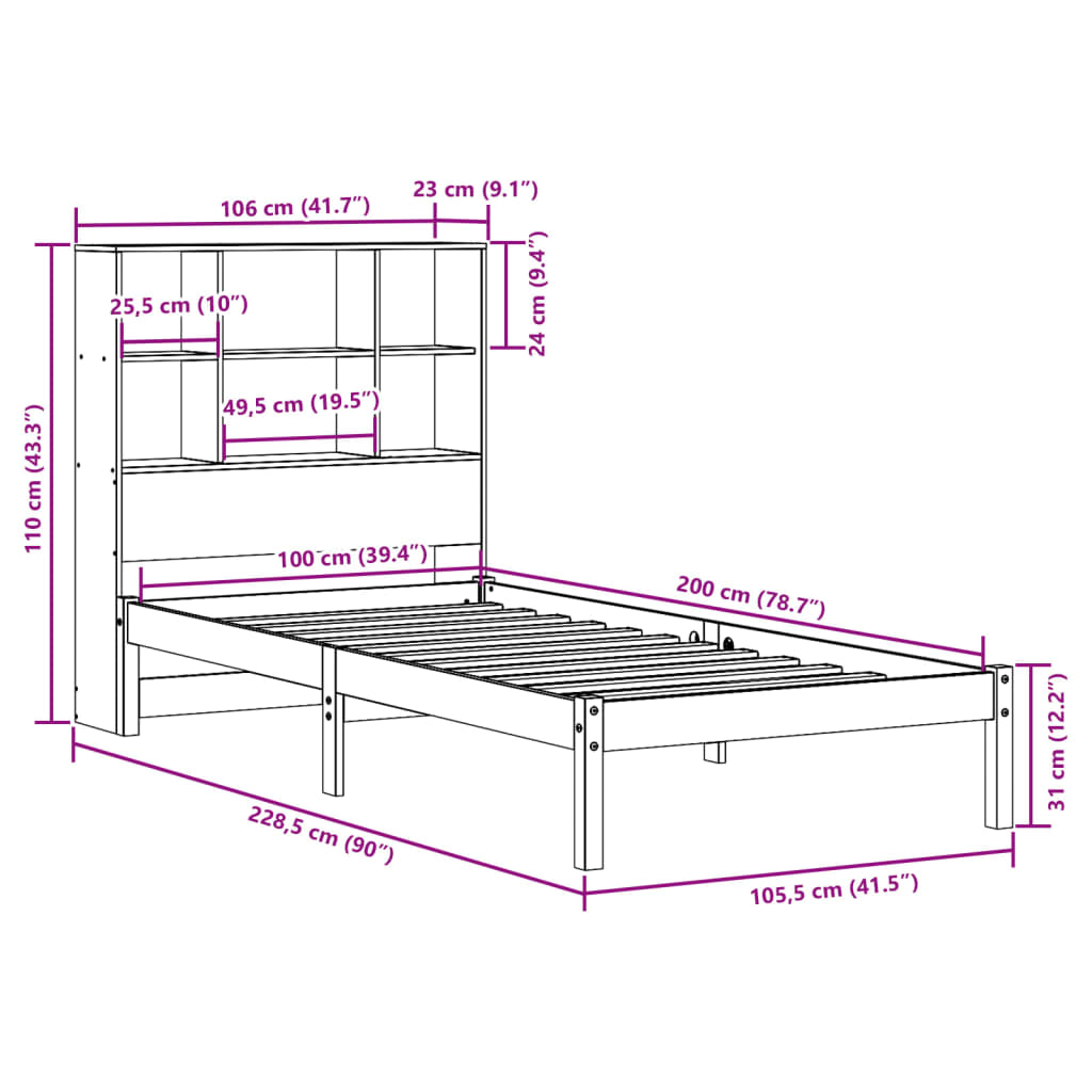 vidaXL Bed met boekenkast zonder matras massief grenenhout 100x200 cm