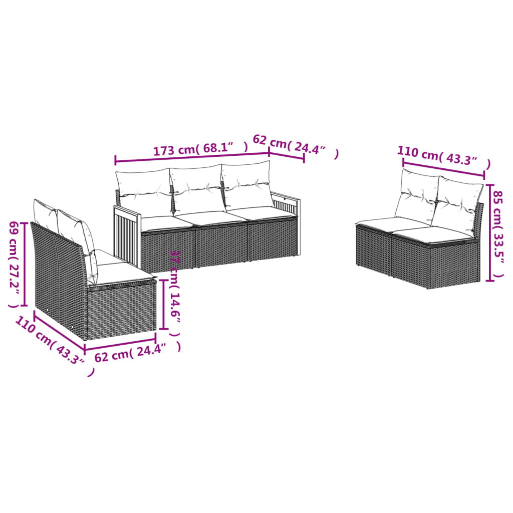 vidaXL 7-delige Loungeset met kussens poly rattan zwart