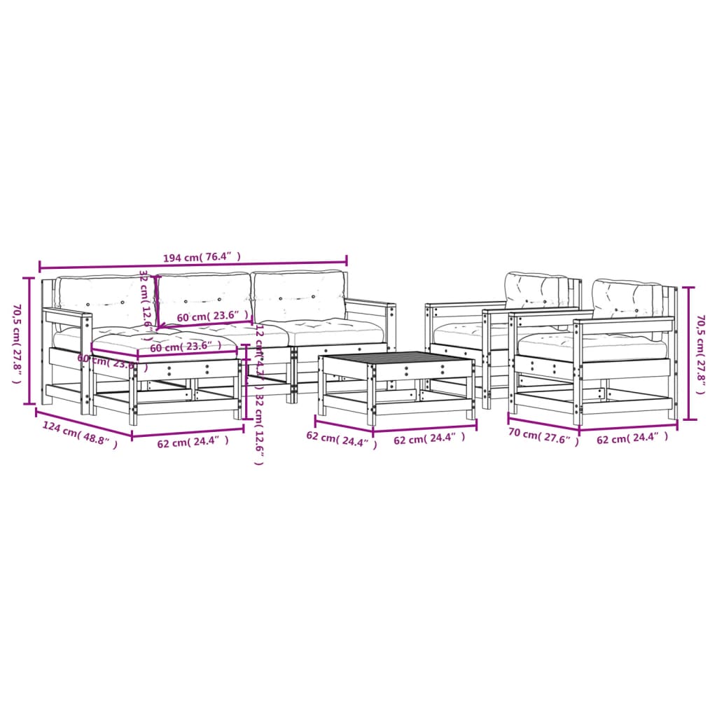 vidaXL 7-delige Loungeset met kussens massief teak