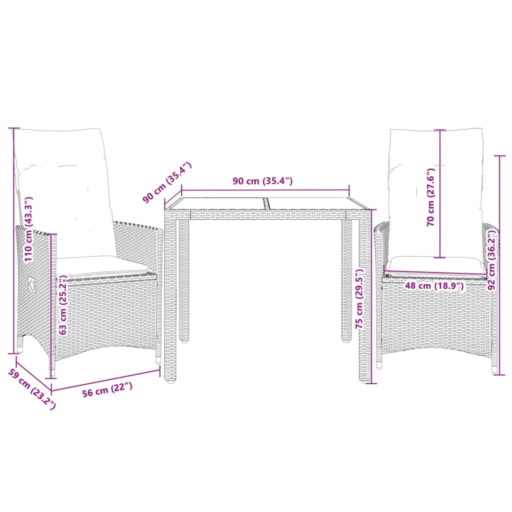 vidaXL 3-delige Bistroset met kussens poly rattan beige