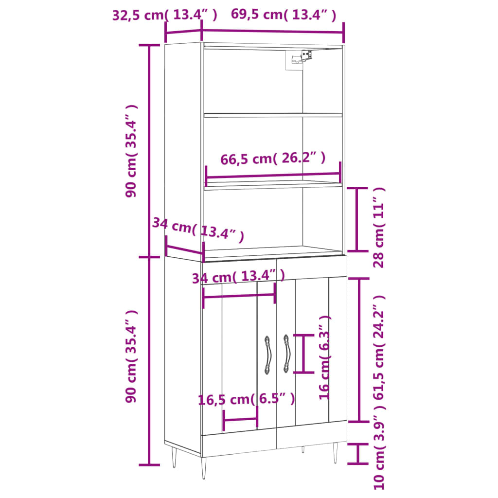 vidaXL Hoge kast 69,5x34x180 cm bewerkt hout bruin eikenkleur