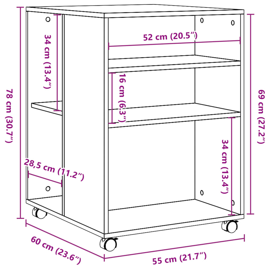 vidaXL Bijzettafel met wieltjes 55x60x78 cm hout bruin eikenkleurig