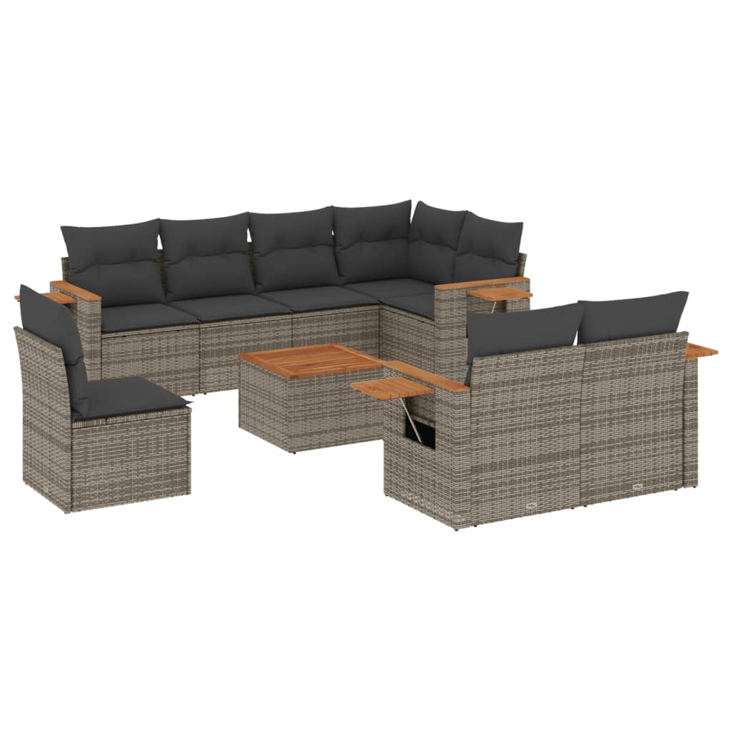 vidaXL 9-delige Loungeset met kussens poly rattan grijs