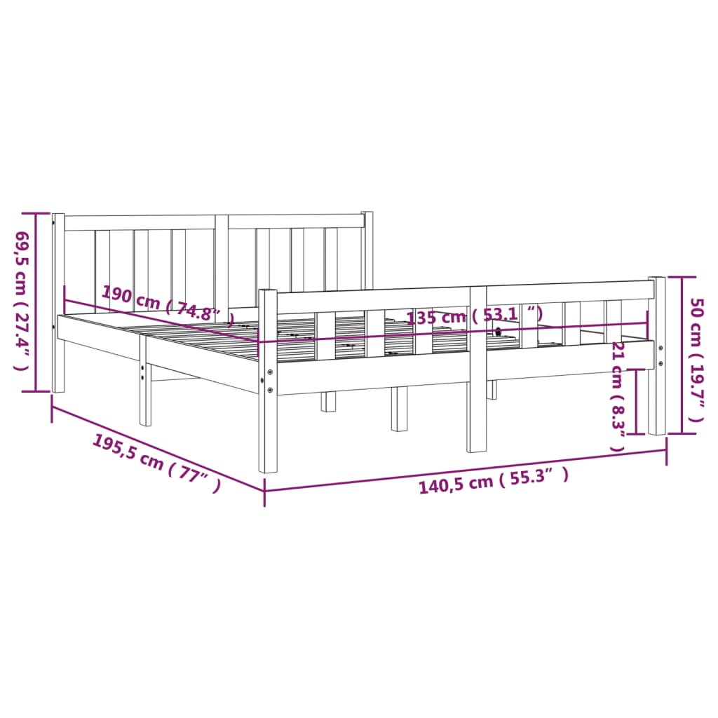 vidaXL Bedframe massief hout grijs 135x190 cm