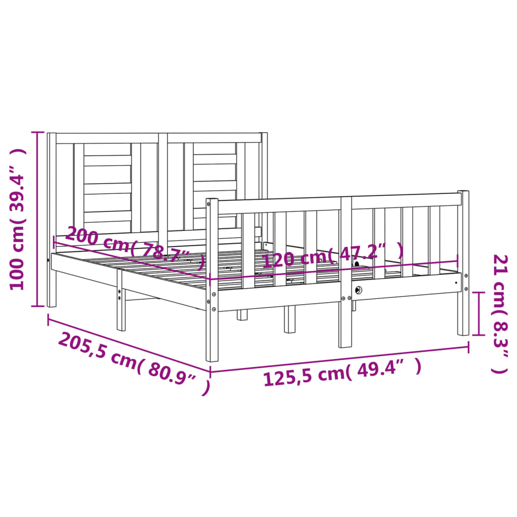 vidaXL Bedframe met hoofdbord massief hout wit 120x200 cm