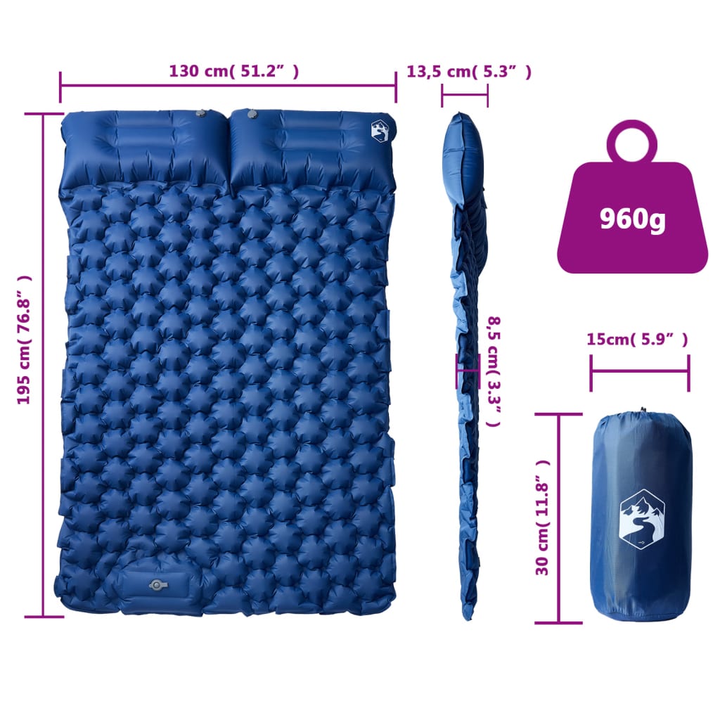 vidaXL Kampeermatras met kussens zelfopblazend 2-persoons marineblauw