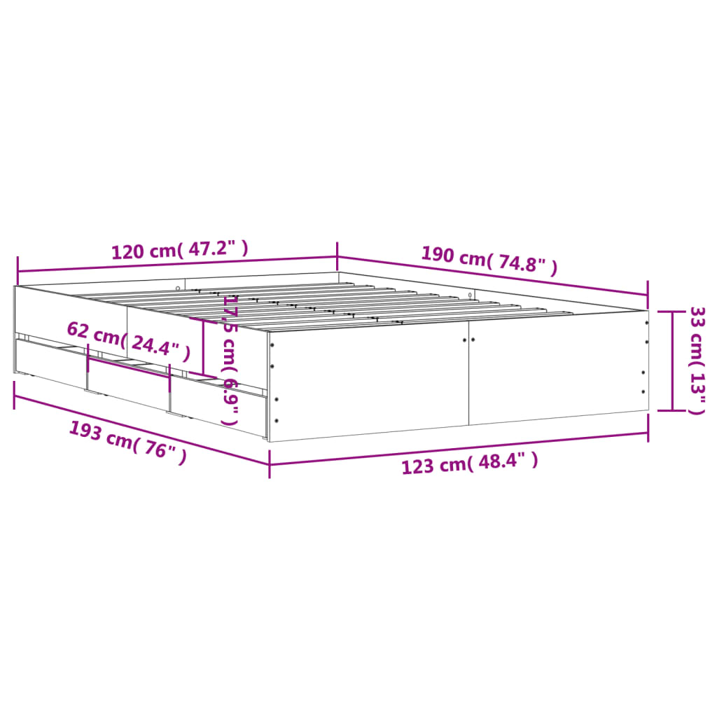 vidaXL Bedframe met lades bewerkt hout grijs sonoma eiken 120x190 cm