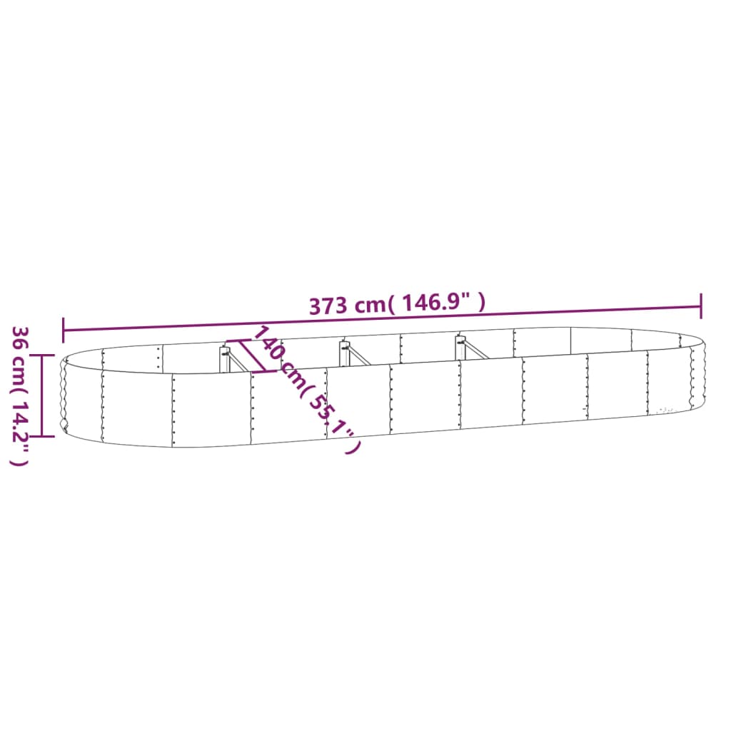 vidaXL Plantenbak 373x140x36 cm gepoedercoat staal zilverkleurig