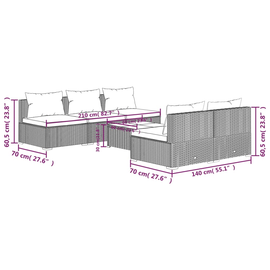 vidaXL 6-delige Loungeset met kussens poly rattan grijs