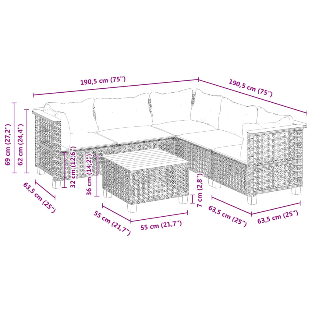 vidaXL 6-delige Loungeset met kussens poly rattan zwart