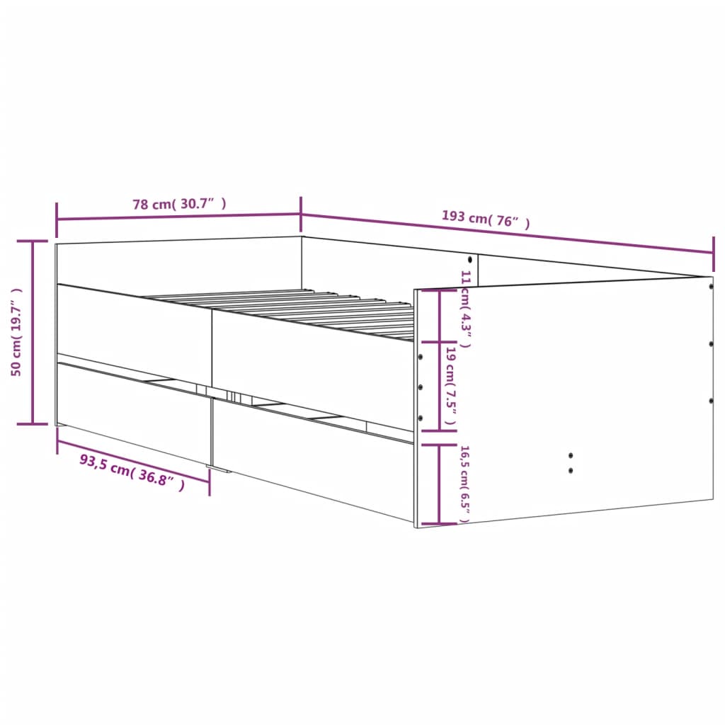 vidaXL Bedframe met lades gerookt eikenkleurig 75x190 cm Small Single