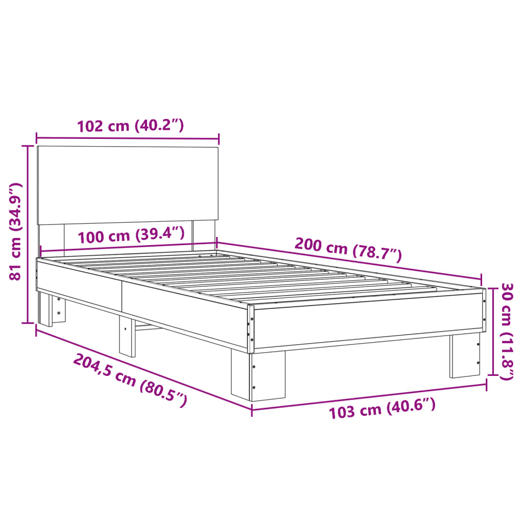 vidaXL Bedframe bewerkt hout en metaal gerookt eikenkleurig 100x200 cm