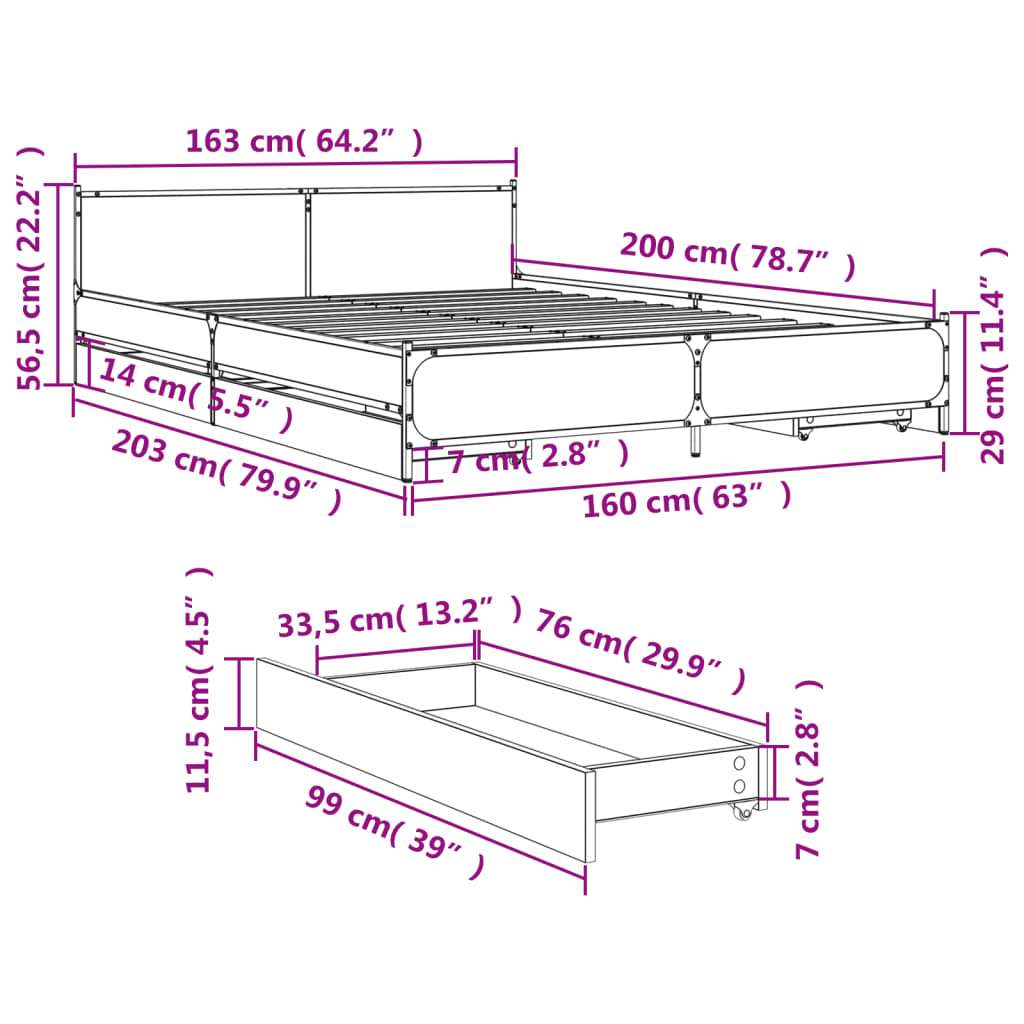 vidaXL Bedframe met lades bewerkt hout zwart 160x200 cm