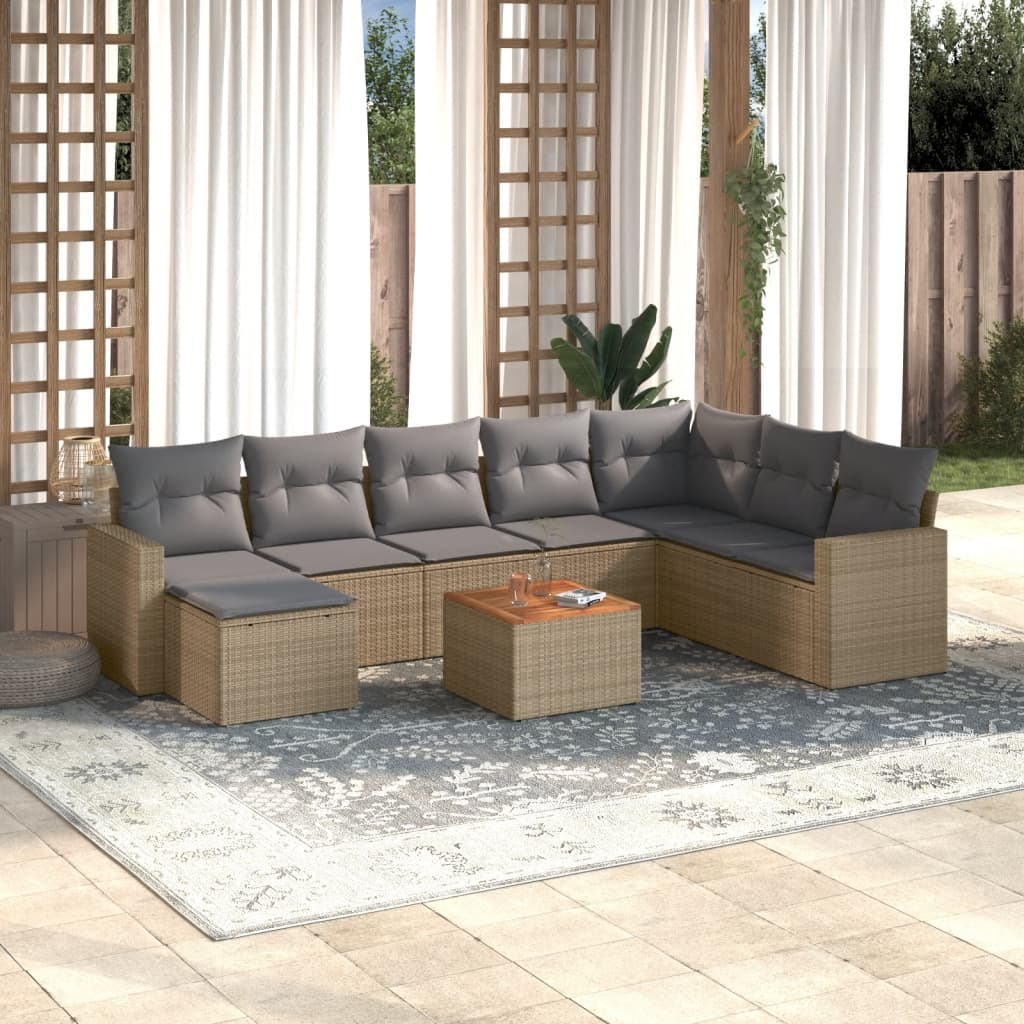 vidaXL 9-delige Loungeset met kussens poly rattan gemengd beige