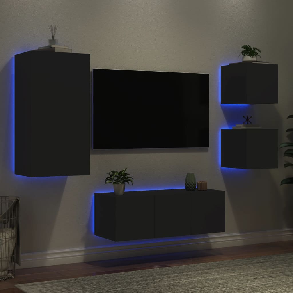 vidaXL 5-delige Tv-wandmeubelset met LED bewerkt hout zwart