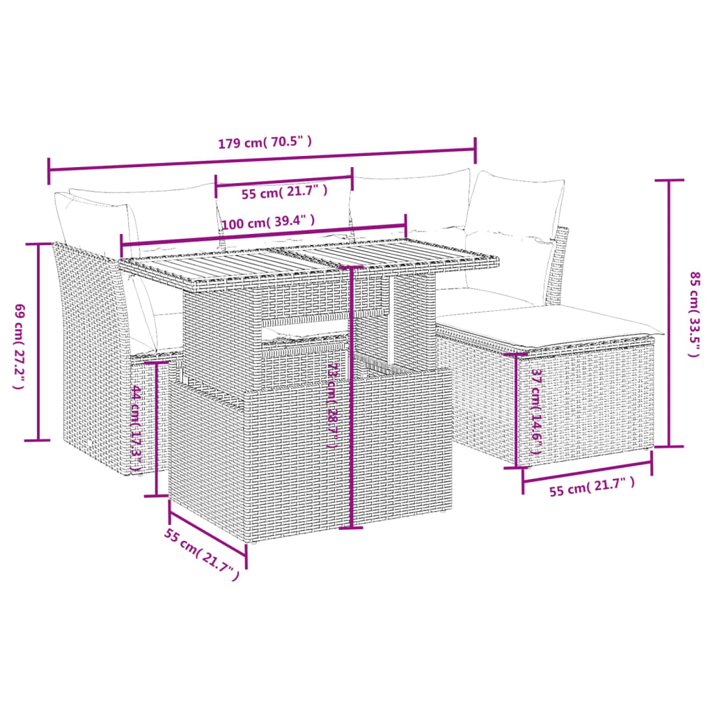 vidaXL 6-delige Loungeset met kussens poly rattan zwart