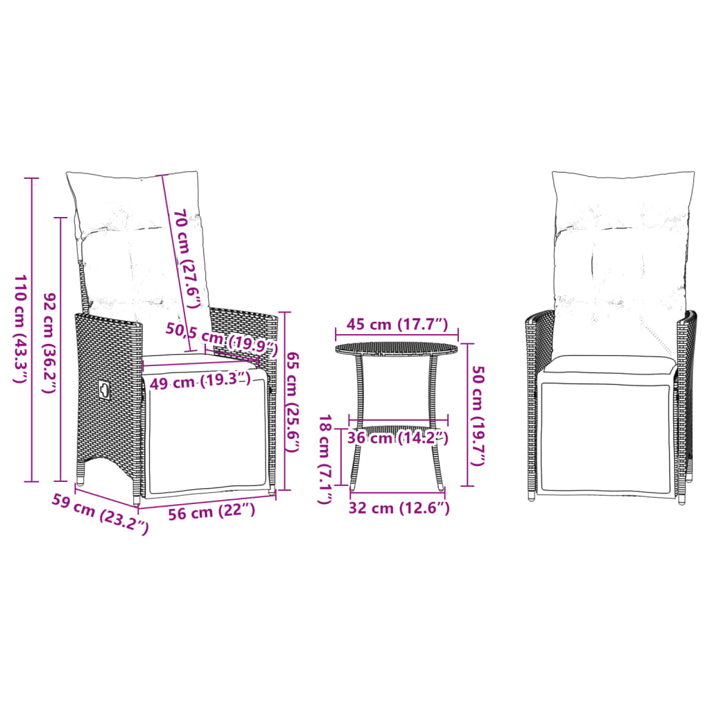 vidaXL 3-delige Bistroset met kussens poly rattan bruin