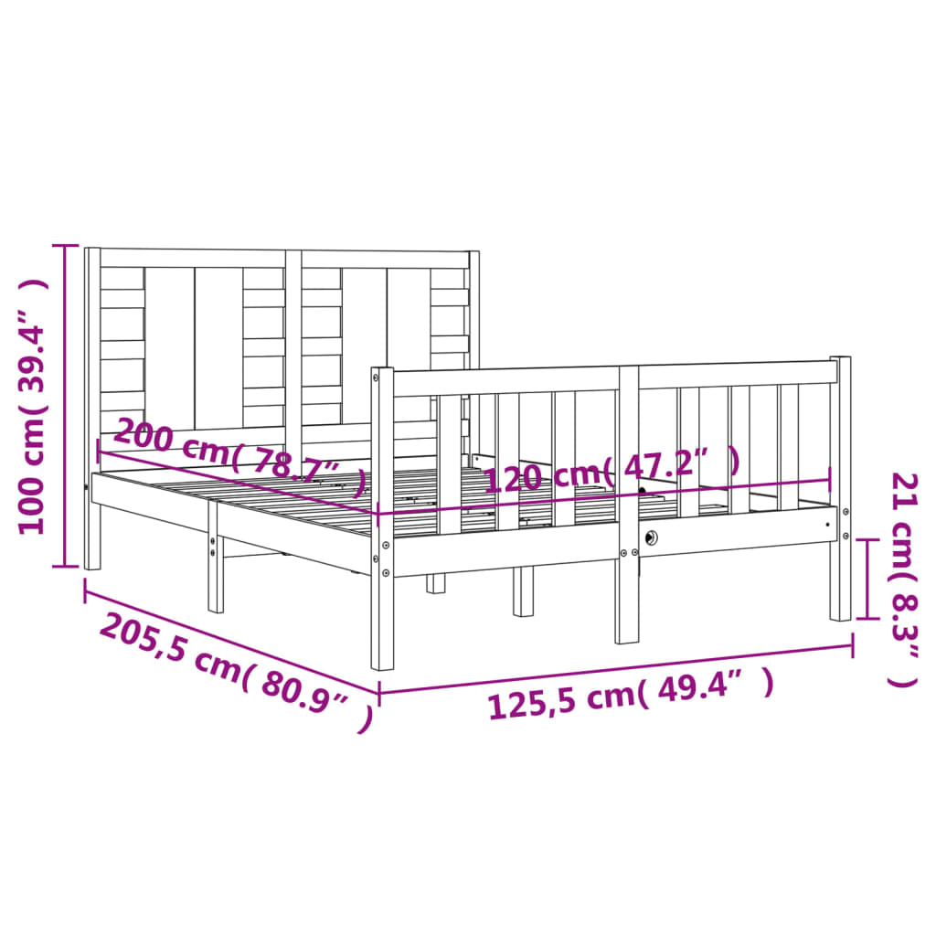 vidaXL Bedframe met hoofdbord massief hout zwart 120x200 cm