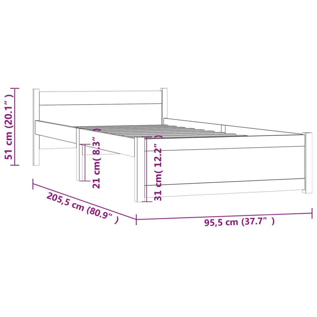 vidaXL Bedframe massief hout wit 90x200 cm